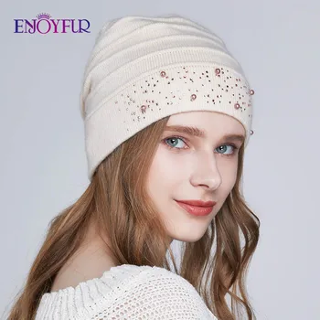

ENJOYFUR Winter Hats for Women Warm Wool Beanies Hat New Fashion Double Lining Caps With Rhinestones