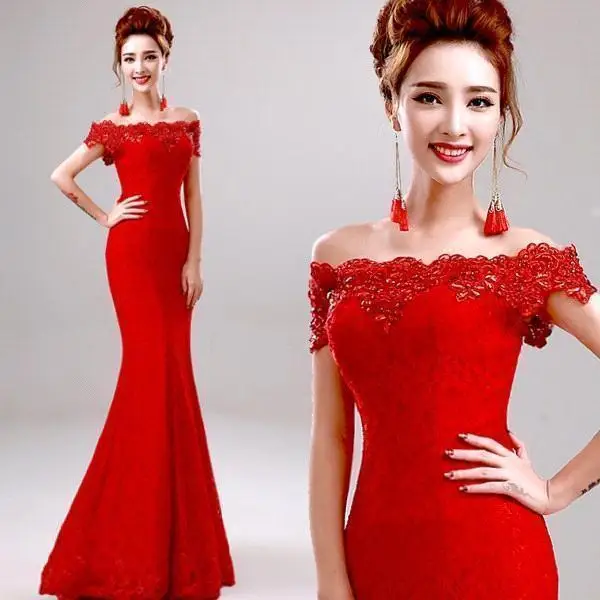 Misshow вечернее платье элегантный длинный фасон Русалка, красное, кружевное вечернее платье с открытыми плечами бисером robe de soiree