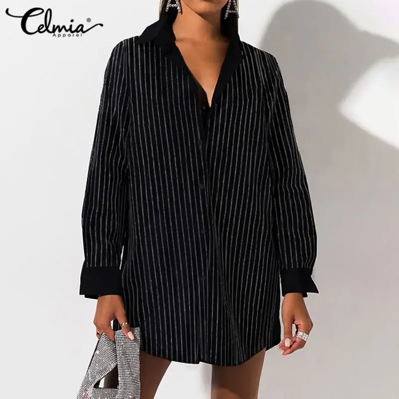 

Celmia Vintage Striped Shirts Stylish Tops Casual Ladies Elegant Blouse Sexy Long Sleeve Laple Collar Button Loose Long Blusas