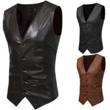 Мужской деловой однотонный Приталенный жилет из искусственной кожи, мужской модный кожаный жилет 7586