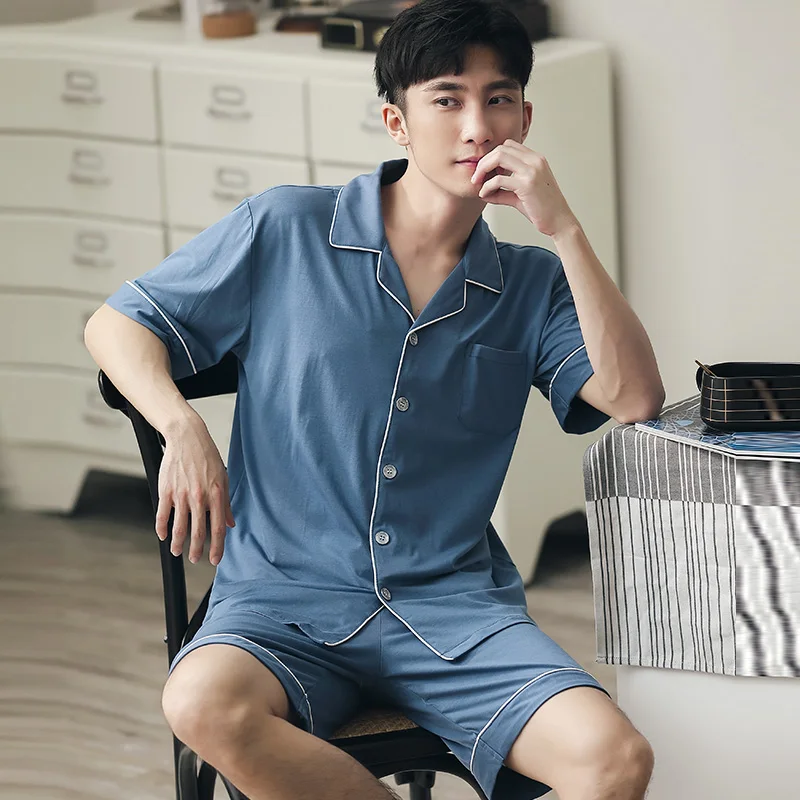 Summer Short Pajamas for Men 2PCS Short Sleeves Sleepwear Men Soft Navy Nightwear PJs 2020 Night Pijamas Homme Plus Size L-4XL