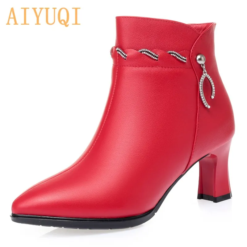

AIYUQI Women Boots High Heels 2020 New Genuine Leather Fashion Women Office Boots Winter Pointed Red wedding Boots Ladies