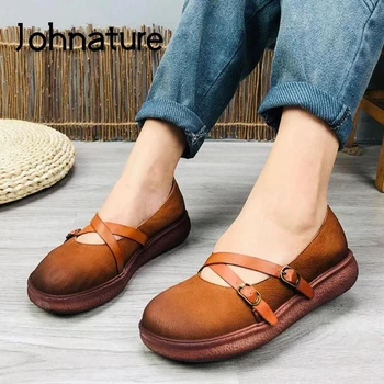 

Johnature Pumps Women Shoes Genuine Leather 2020 New Spring Platform Heels Buckle Strap Round Toe Casual Retro Ladies Shoes