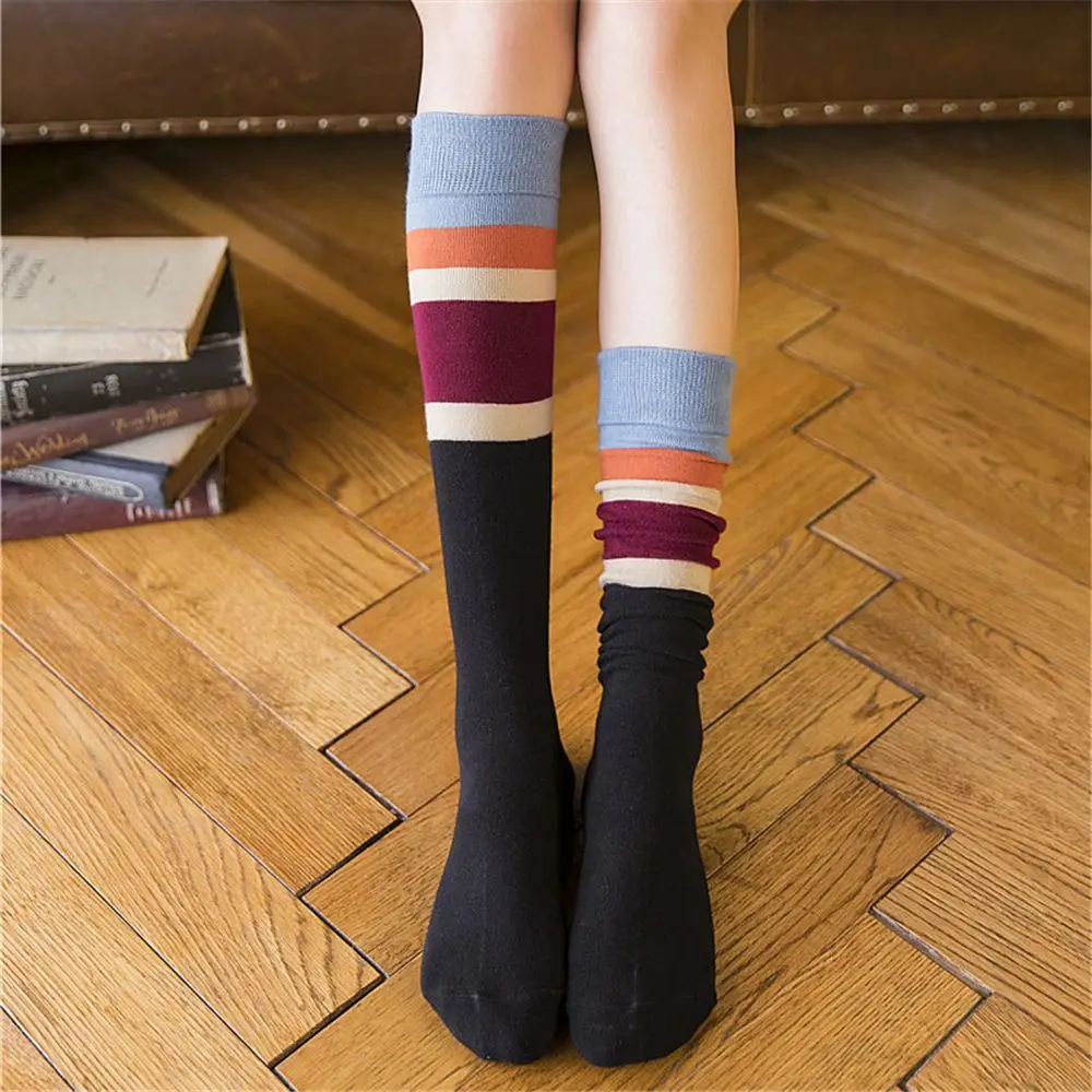 Женские длинные носки в Японскую радужную полоску, повседневные Хлопковые гольфы С Разноцветными полосками для женщин и студентов