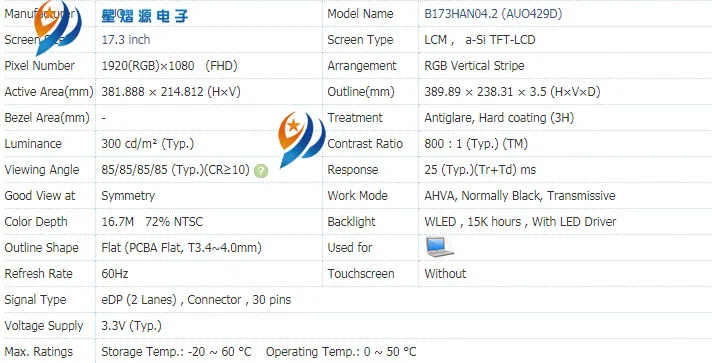 17,3 ''FHD 800: 1 Контрастность ЖК-экран ноутбука B173HAN04.2 подходит NV173FHM-N32 без винтовых отверстий 30PIN разъем