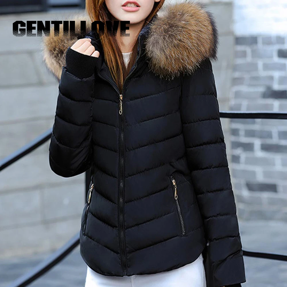 ##BUY Winter Fur Collar Women Short Coats Cotton Padded Warm Jackets Hoodie Thicken Slim Fit Clothes Causal Solid Color Female Jackets