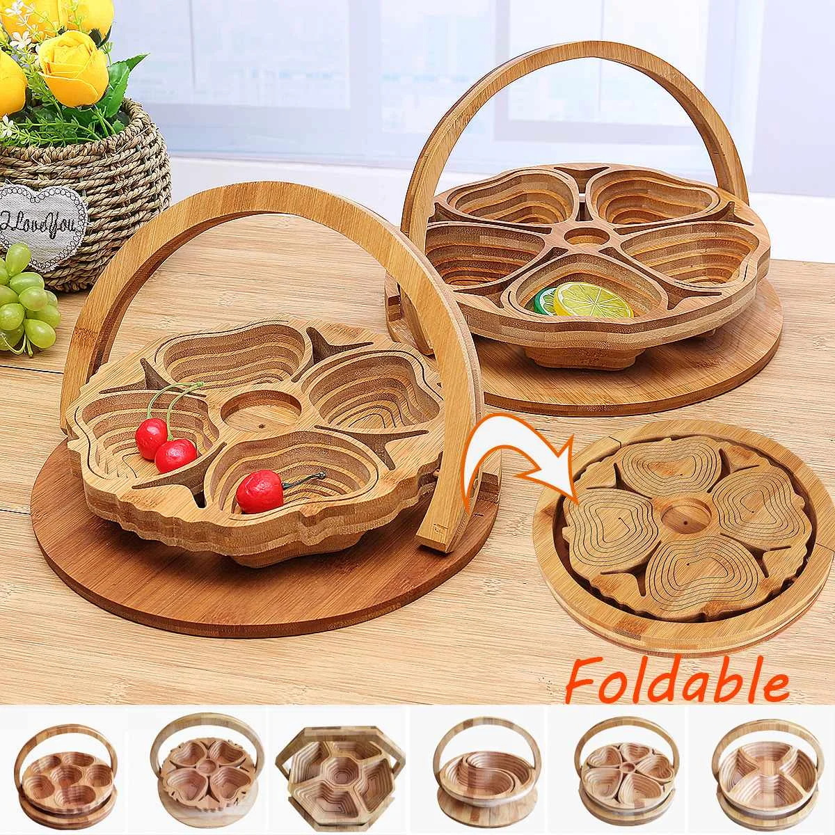 

6 Styles Foldable Bamboo Fruit Basket Portable Collapsible Storage Basket Heart shape Apple Shape Polygon Shape Food Storage