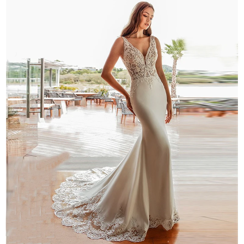 

Verngo Mermaid Wedding Dress Boho Elegant Lace Appliqued Bridal Gown Custom Made Size/Color Weeding Gowns Vestidos De Novia 2019