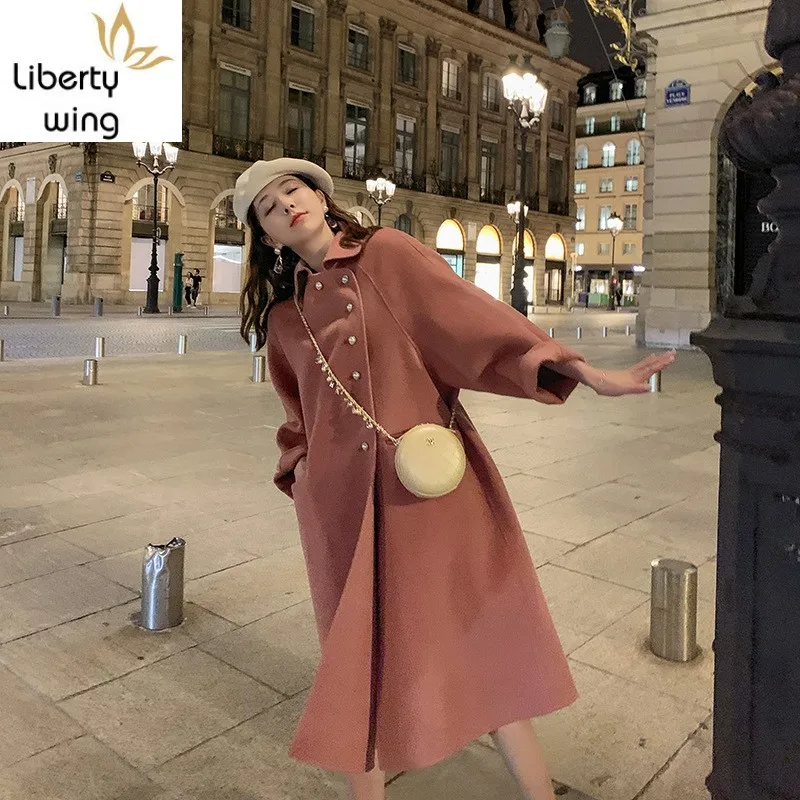 

Fashion Designer Double-Faced Overcoat Female Sweet Loose Single Breasted Outerwear Elegant Streetwear Wool Blends Coat