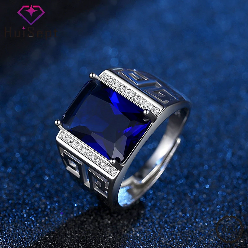 Silver Gemstone Ring Men Wedding Jewelry with Sapphire Zircon