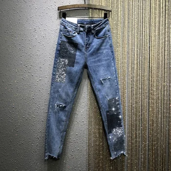 

Heavy Industry Rhinestone Jeans Women's 2020 Spring New High-Waist Slim-Fit Stretch Fur Trim Cropped Pants Denim Jean Jeans