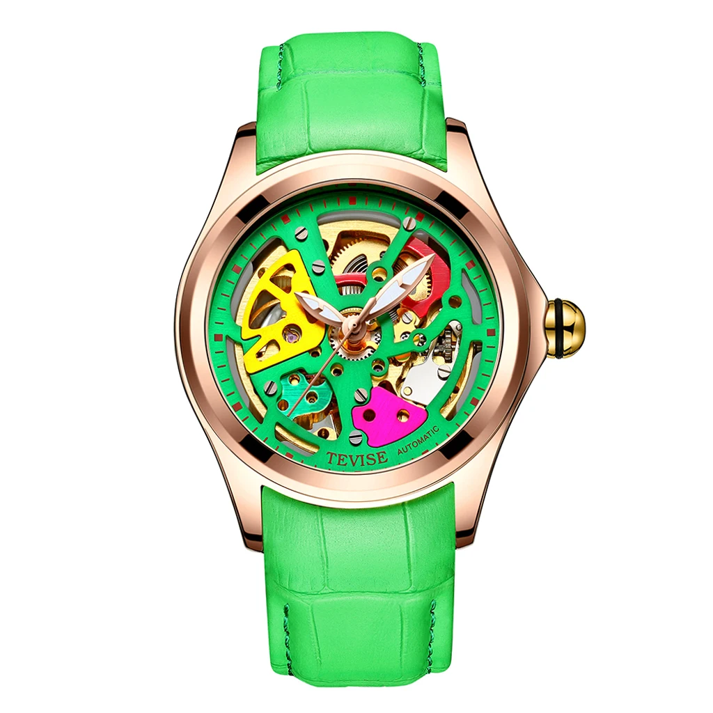 

TEVISE Mens Luxury Watch Leather Band Mechanical Automatic Green+Rose Gold