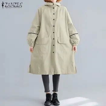 

Plus Size Women Long Trench ZANZEA 2020 Female Casual Hoodies Coats Long Sleeve Solid Thick Windbreaker Pockets Outwear