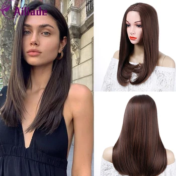 

AILIADE 2020 Brown Long Straight Bob Wig Middle Part Synthetic Hair Wigs For Woman Black Brown Heat Resistant Wigs Free Gift