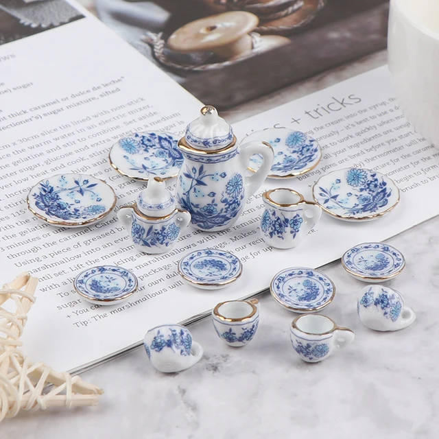 15Pcs 1:12 Miniature Porcelain Tea Cup Set Flower Tableware Kitchen Dollhouse Furniture Toys For Children Tea Cups Dollhouse 1
