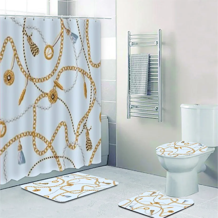 3D Gold Chains Luxury Bathroom Curtains Shower Curtain Set for Bathroom