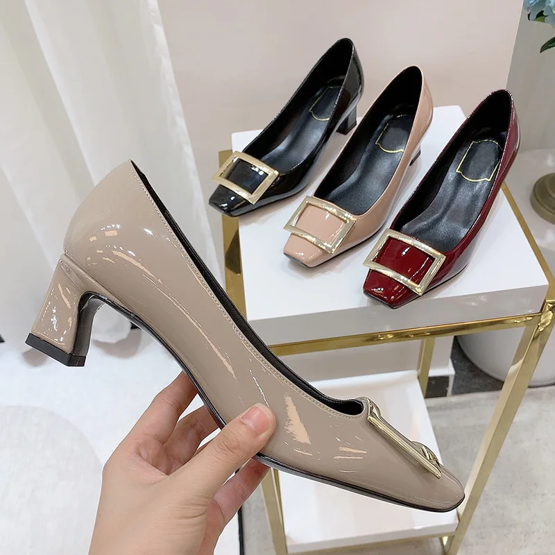 

2020 spring new patent leather middle high heels thick single shoes women's red wedding shoes