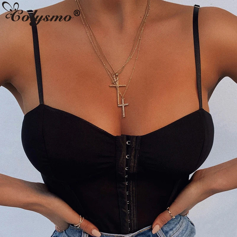 Colysmo Black Mesh Bodysuit Women 2020 Summer Spaghetti Straps Single-breasted Corset Style Sexy Bodysuits See Through Top |