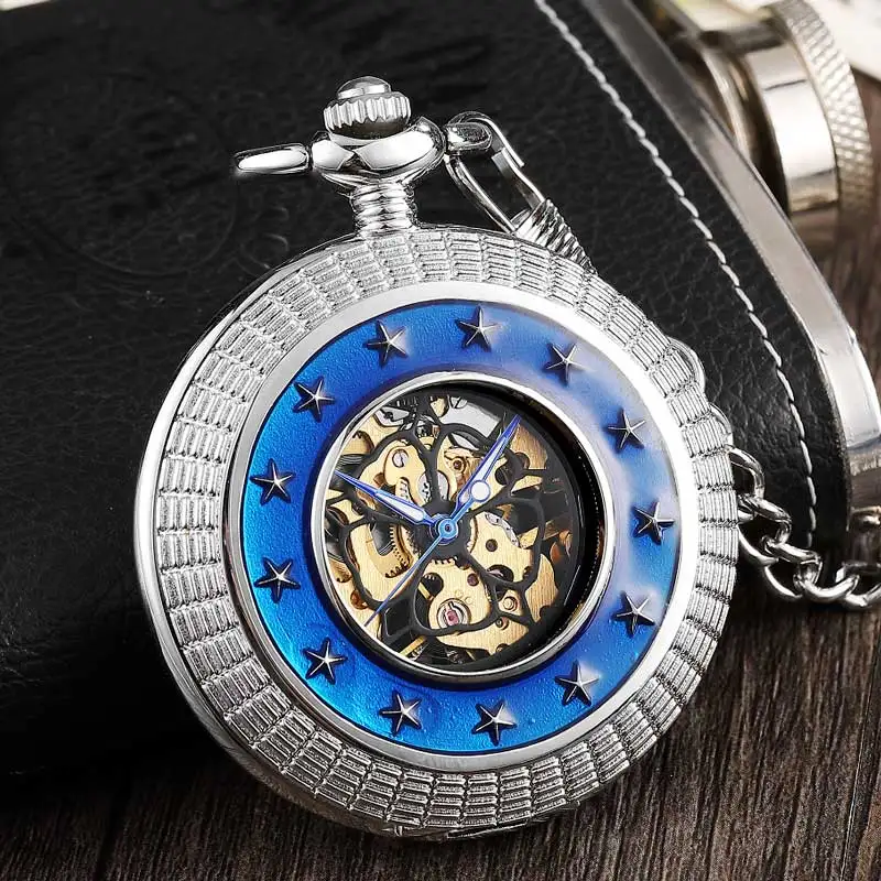 Vintage Steampunk Blue Star Series Surrounded Silver Mechanical Pocket Watch Men Women Hand Wind Watch waist Chain Roman Dial