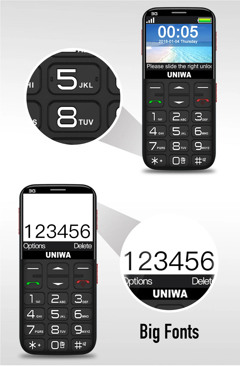 UNIWA V808G сильный фонарь кнопочный Громкий мобильный телефон большой SOS 3g английская русская клавиатура 10 дней в режиме ожидания 3g WCDMA