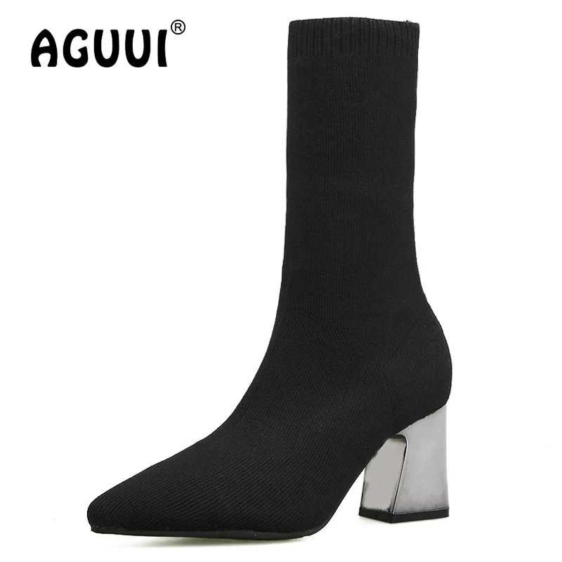 Women Boots Sexy Comfort Soft Flyknit Sock Boots Ladies Square Heels Pointed Toe Slip-On Mid-Calf Booties Size 35-40