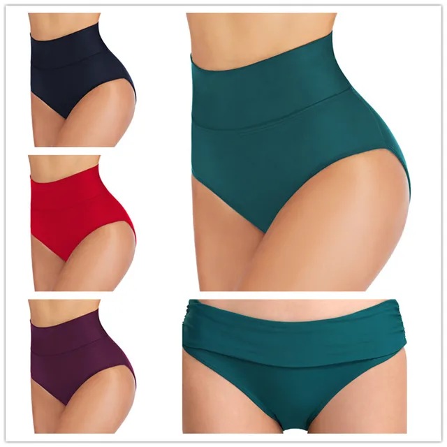 US $10.99 2020 Sexy Women Swimwear Solid Bikini Bottom High Waist Ruched Briefs Swimsuit Female Underwear Swi
