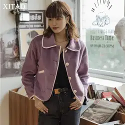 XITAO, модные плюшевые пальто и куртки для женщин, корейский стиль, фиолетовый короткий топ, Женская однобортная одежда, новинка 2019, DMY1574