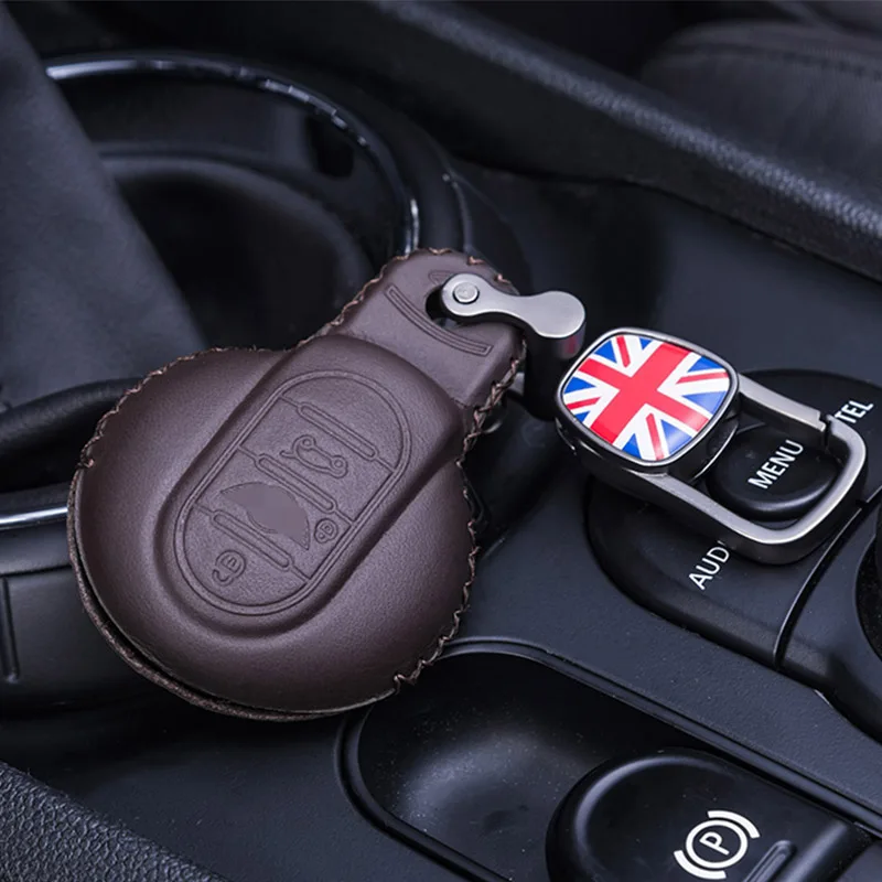 Чехол для ключей автомобиля из натуральной кожи, чехол для BMW MINI Cooper Countryman F60 Clubman F54 F56 F57 JCW, аксессуары - Color Name: coffee  flag chain