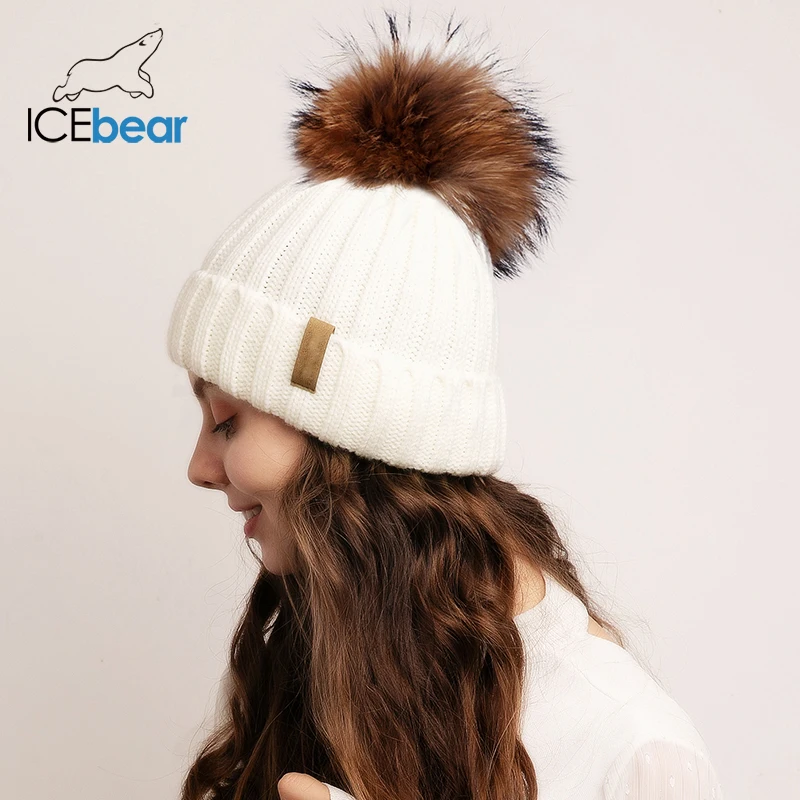 

ICEbear Real Fur Pompom Hat Winter Women Beanie Hat Knitted Warm Winter Hat Ladies Cap F-HTWL001