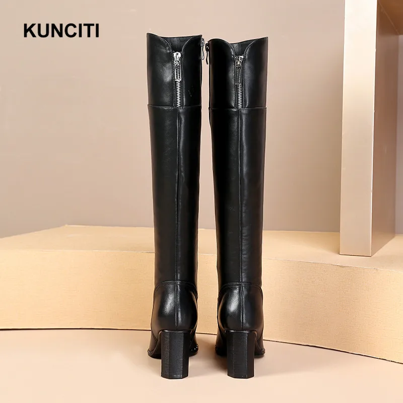 KUNCITI/; сапоги до колена; женские пикантные сапоги; большие размеры 34-42; черные сапоги из натуральной кожи; зимняя теплая обувь высокого качества; B921