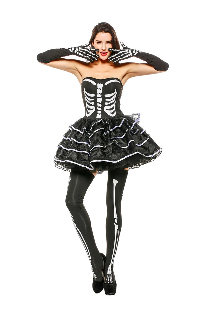 Хэллоуин Пурим костюм для вечеринки Женщина взрослый страшный демонический череп костюмы скелетов без бретелек короткое платье для женщин