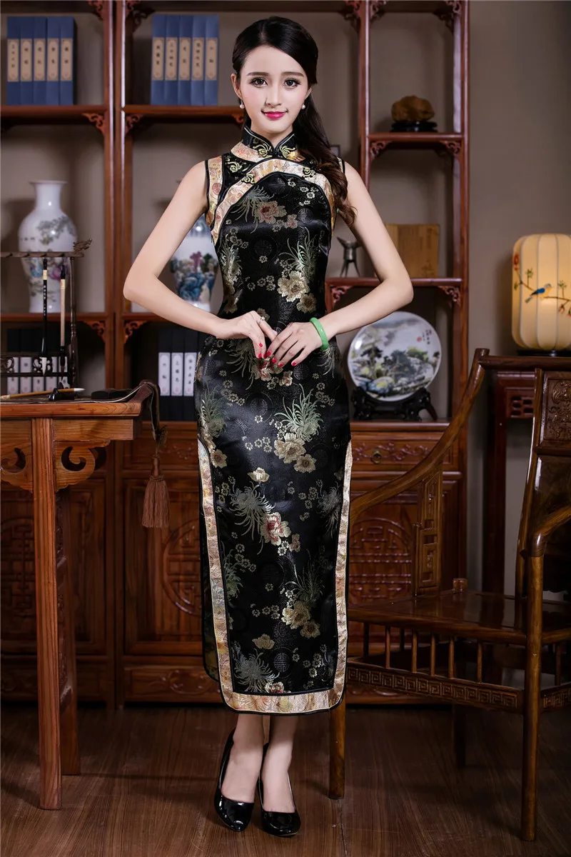 Черный цветок Восточный Ципао сексуальная Длинная Женская атласная Cheongsam без Рукавов Новый Классический китайский платье воротник стойка