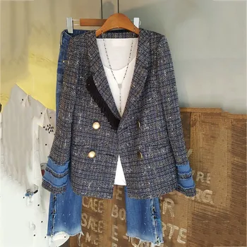 

2019 Fall Plaid Patchwork Tassel Vintage Blazer Button Women Jacket Notched Collar Slim Tweed Suit Outerwear