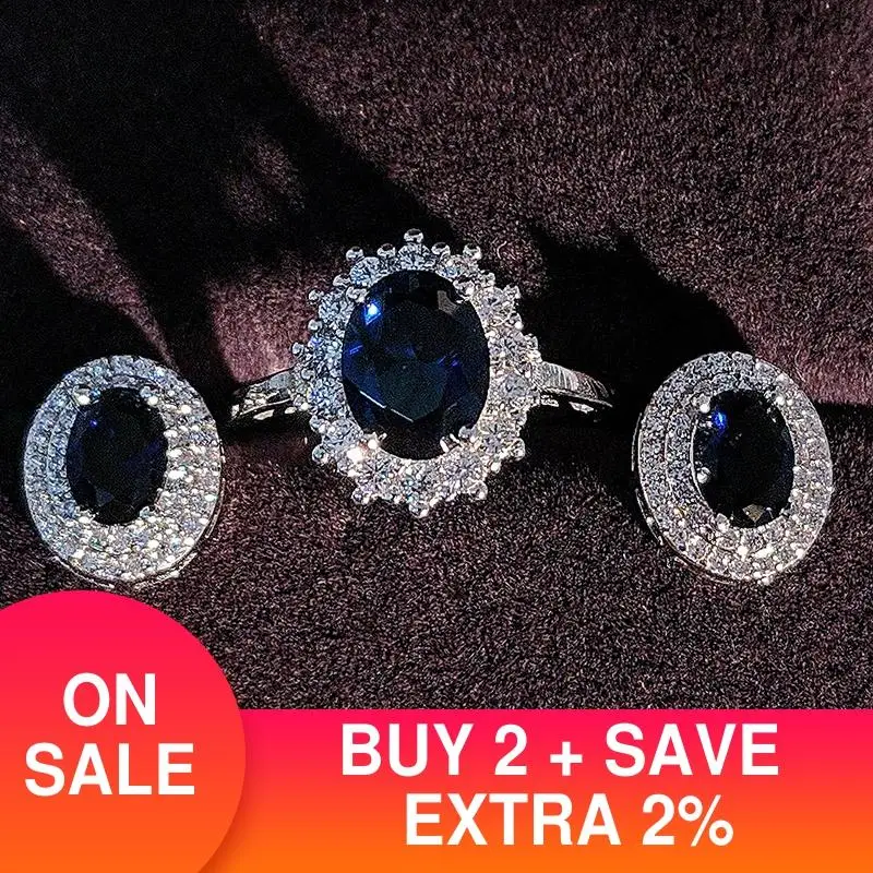 925 Sterling Silver Jewelry set halo Engagement ring round stud earring for Wedding   Day gift Christmas J4944-blue ► Photo 2/4