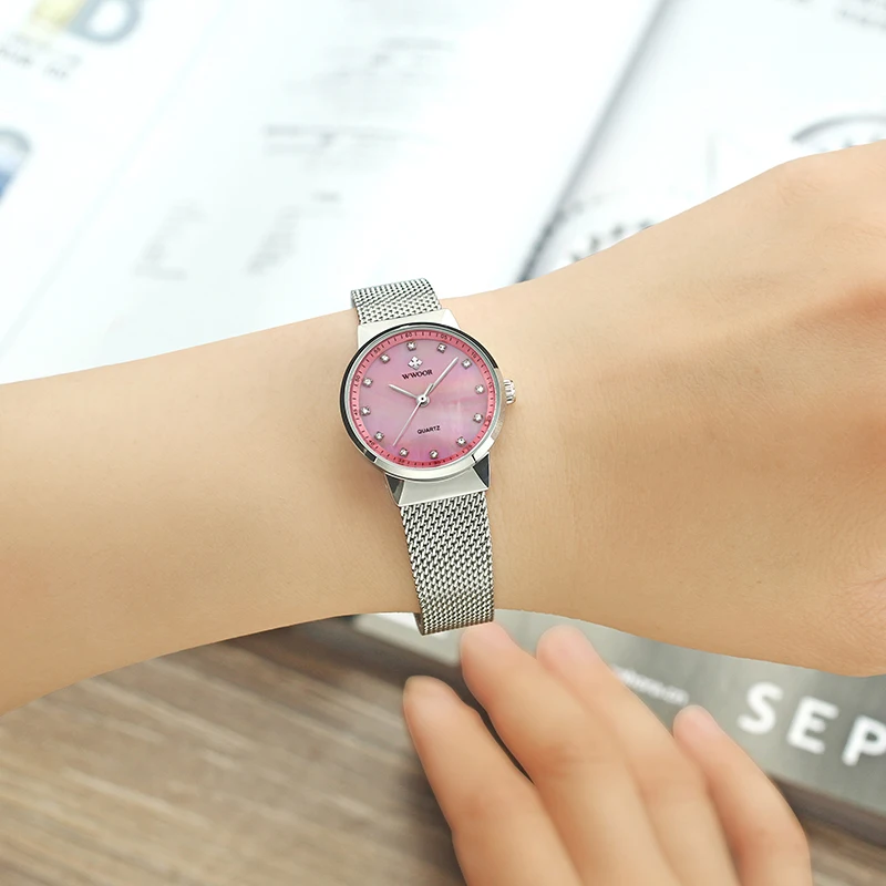 Женские розовые часы Reloj Mujer WWOOR модные под платье известного бренда класса люкс