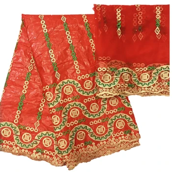 

Esewing Orange Color african lace fabrics Fashion embroidery bazin riche getzner with beads nigerian bazin lace fabric 7yards