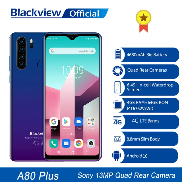 Blackview A80 Plus Mobile Phone Octa Core 4GB RAM+64GB ROM 13MP Quad Rear Camera 6.49 Inch Waterdrop Smartphone 4G Cellphone 1