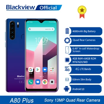 Перейти на Алиэкспресс и купить Blackview A80 плюс мобильный телефон, четыре ядра, 4 Гб Оперативная память + 64 Гб Встроенная память 13MP Quad сзади Камера 6,49 дюймов в виде капли воды, см...