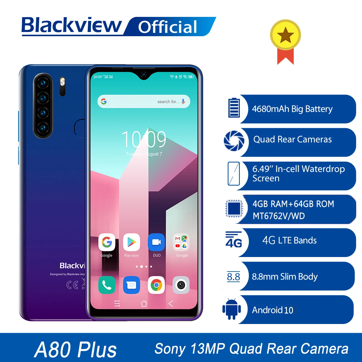 Limited Blackview A80 Plus Mobile Phone Octa Core 4GB RAM+64GB ROM 13MP Quad Rear Camera 6.49 Inch Waterdrop Smartphone 4G Cellphone