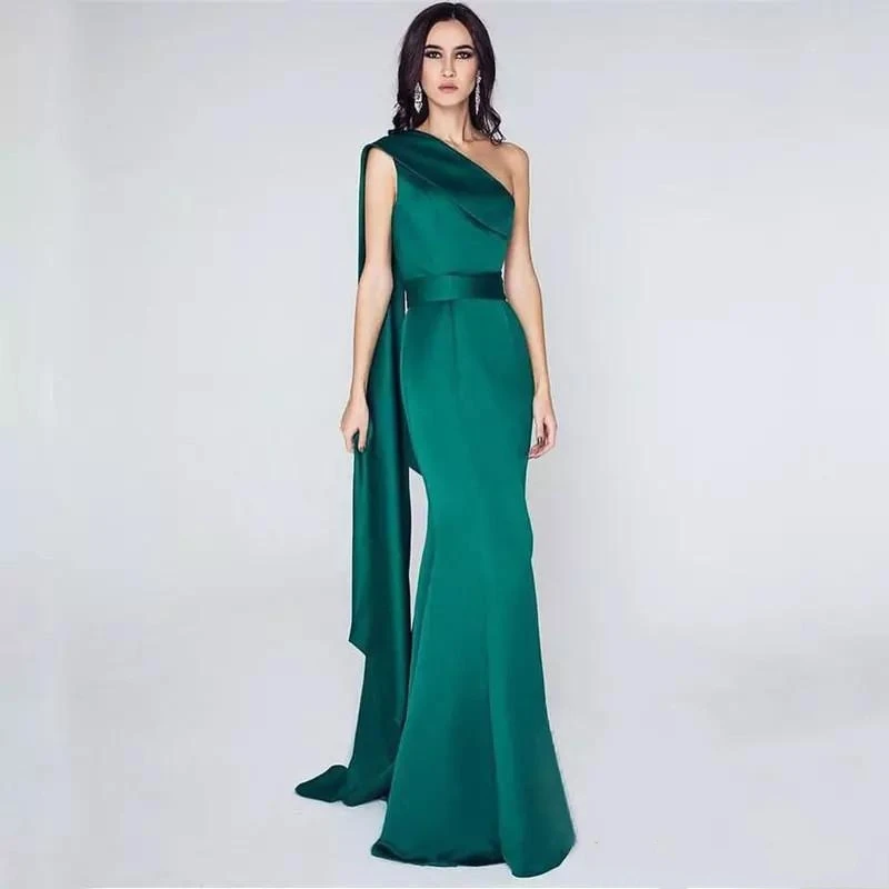 

Dark Green One Shoulder Satin Mermaid Evening Dresses 2020 Celebrity Long Prom Gown Party Dresses Elegant vestidos de noiva