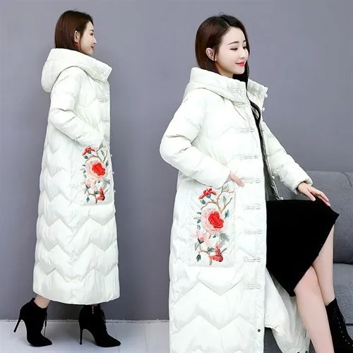 

2019 Winter New Style Chinese-style Ethnic-Style Embroidered Mid-length down Jacket Cotton-padded Clothes over-the-Knee Large Si