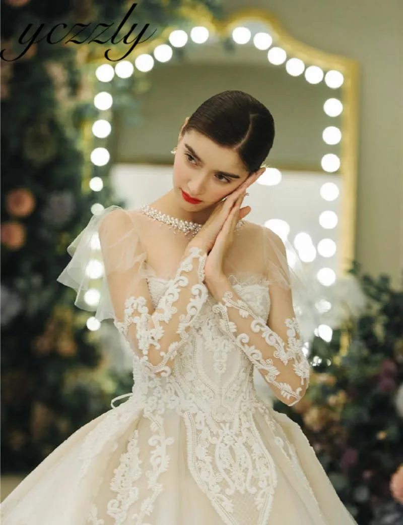 Robe De Mariee винтажное бальное платье с круглым вырезом кружевное свадебное платье с жемчугом размера плюс длинные рукава аппликации свадебное платье со стразами W189