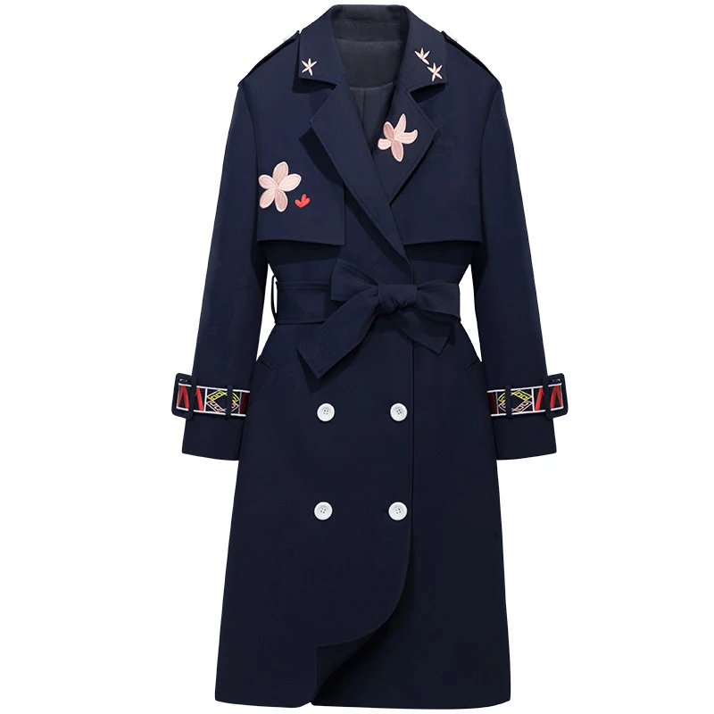 

Spring 2020 new embroidered windbreaker Korean version slim long sleeve double breasted over the knee mid long coat autumn