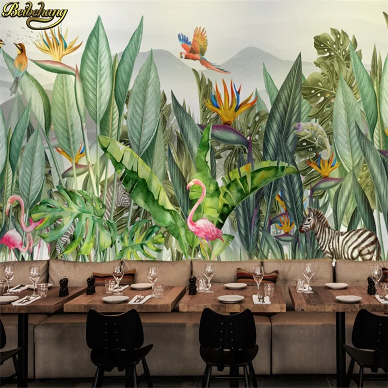 

beibehang Custom 3d wallpaper mural hand painted tropical rain forest Southeast Asia plants flowers and birds background wall