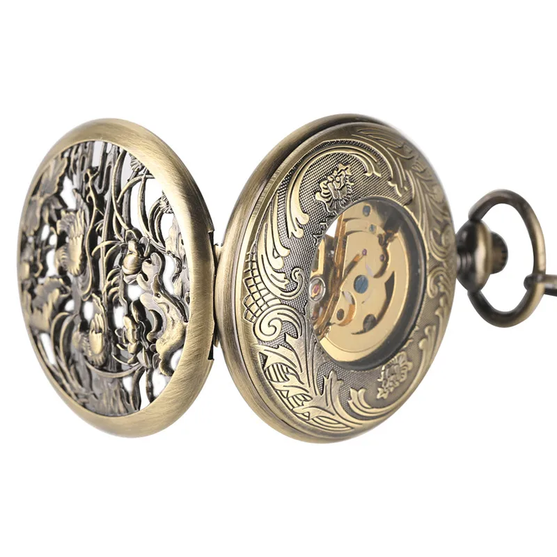 Antique Hollow Mandarin Duck Pocket Watch Unisex Skeleton Automatic Mechanical Clock Roman Number Dial FOB Pendant Chain Reloj