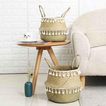 

Handmade Bamboo Storage Baskets Seagrass Wicker Basket Garden Flower Pot Laundry Basket Container Toy Holder with White Tassel