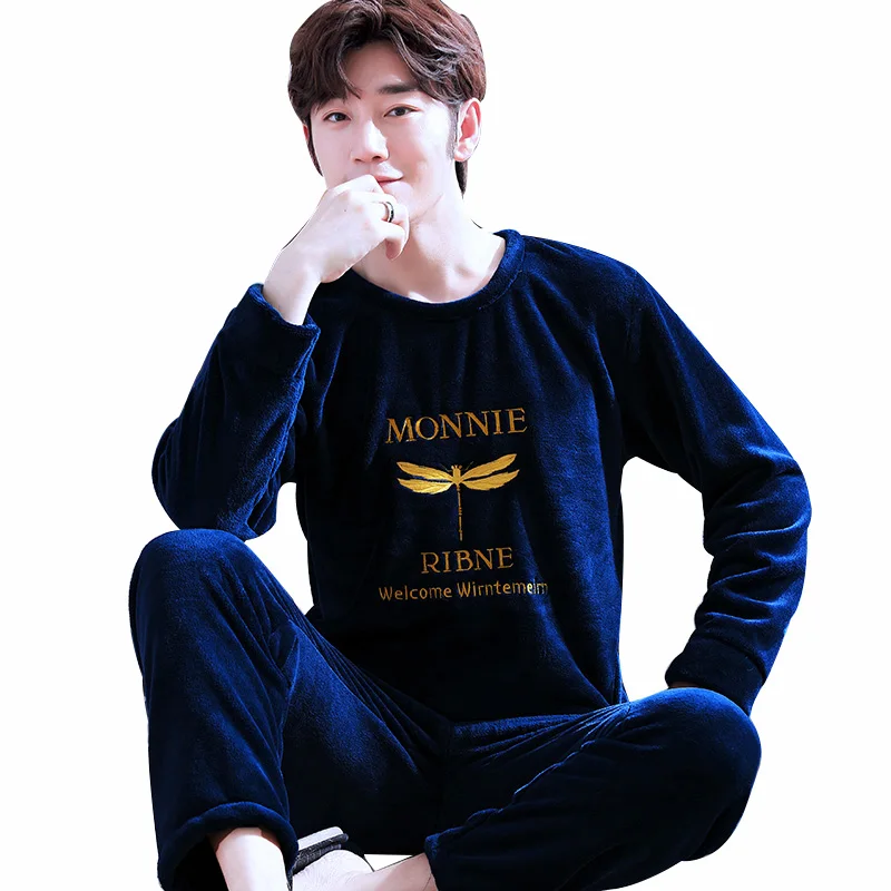 

2020 Autumn Winter New Flannel Pajamas For Men Cartoon Plus Velvet Sleepwear with Pants Coral Fleece Men's Pajamas Homewear Sets