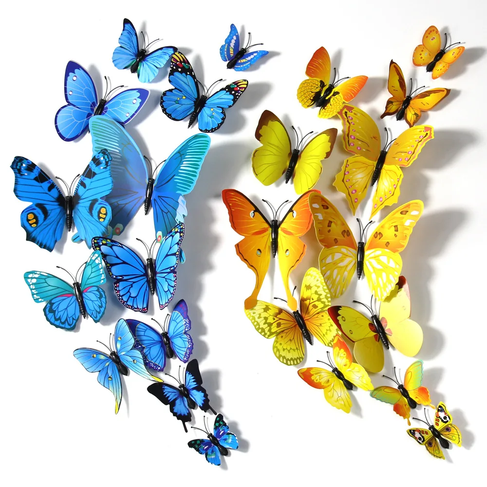 

12pcs Multicolor Double Layer Wings 3D Butterfly Wall Sticker Magnet PVC Butterflies Party Kids Bedroom Decor Fridge Stickers