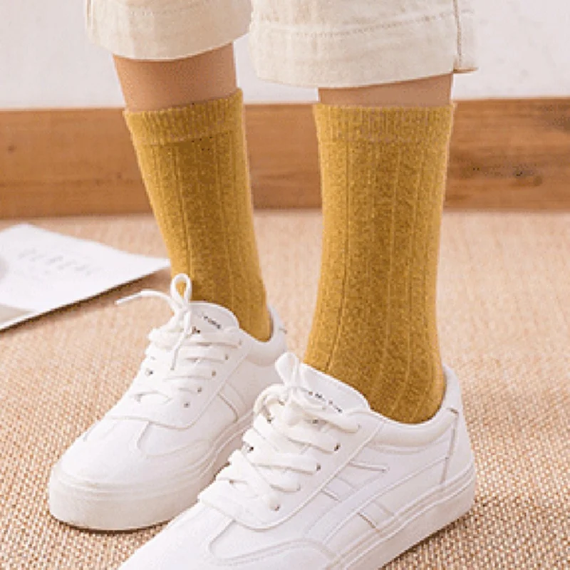 5 Pairs Women Wool Cashmere Crew Socks Warm Thick Solid Soft Casual Sports Winter Socks