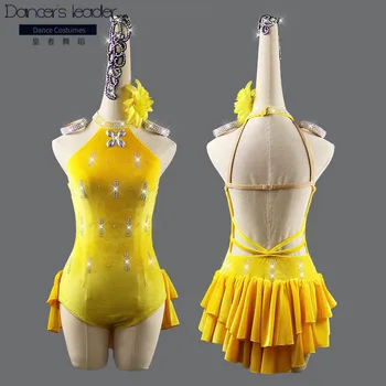 

New Latin dance costume yellow sasa competition suit pole dance aerial yoga ladies sexy dress